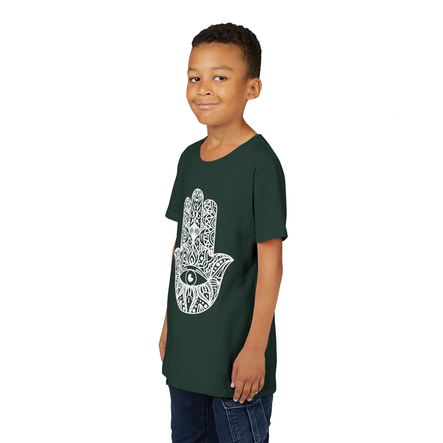 Youth Short Sleeve Tee with Hamsa Design - Boho Chic T-Shirt for Spiritual Kids