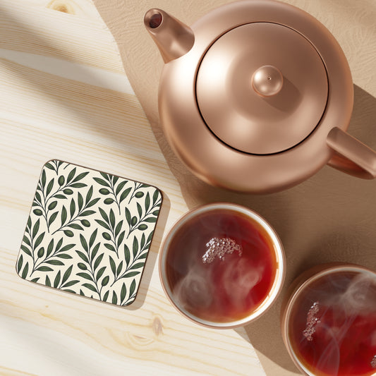 Botanical Olive Leaf Coaster Set - Eco-Friendly Hardboard Drink Coasters
