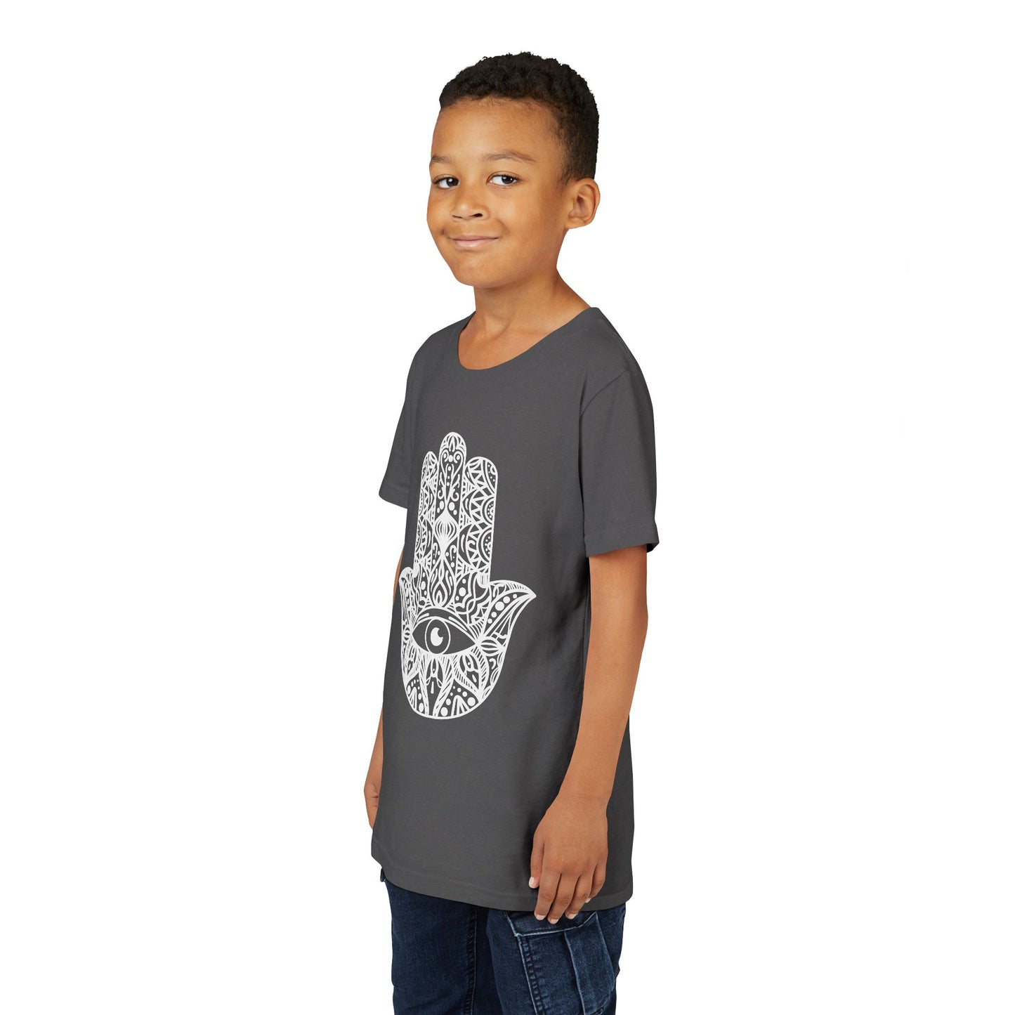 Youth Short Sleeve Tee with Hamsa Design - Boho Chic T-Shirt for Spiritual Kids
