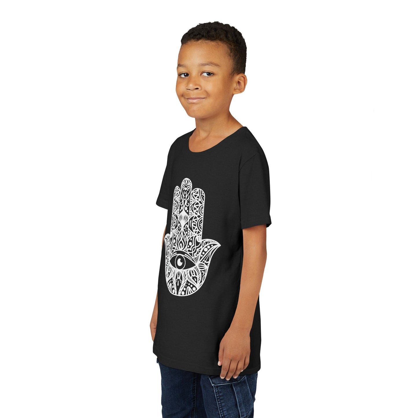 Youth Short Sleeve Tee with Hamsa Design - Boho Chic T-Shirt for Spiritual Kids