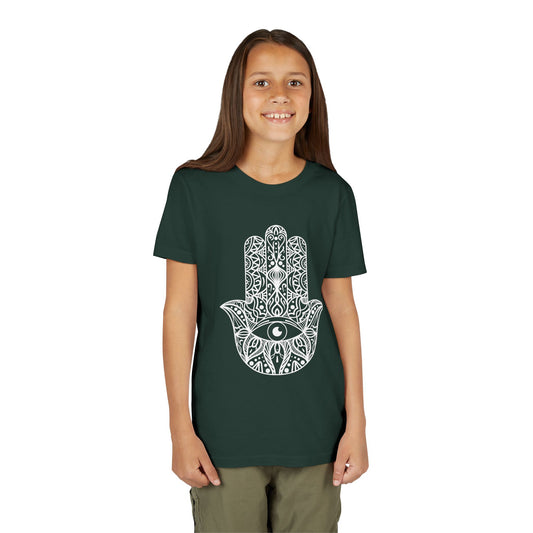 Youth Short Sleeve Tee with Hamsa Design - Boho Chic T-Shirt for Spiritual Kids