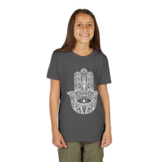 Youth Short Sleeve Tee with Hamsa Design - Boho Chic T-Shirt for Spiritual Kids