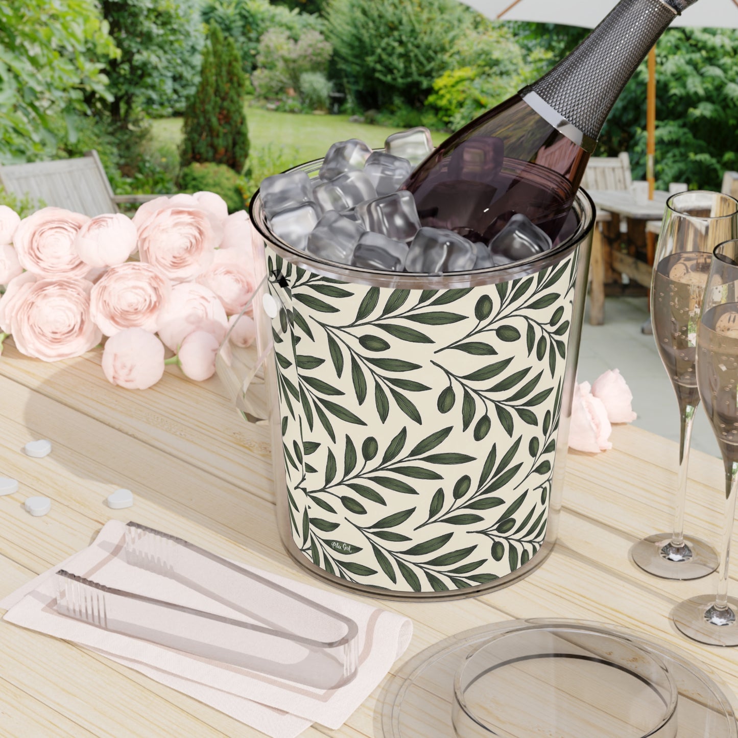 Elegant Olive Leaf Ice Bucket with Tongs - Perfect for Parties and Entertaining